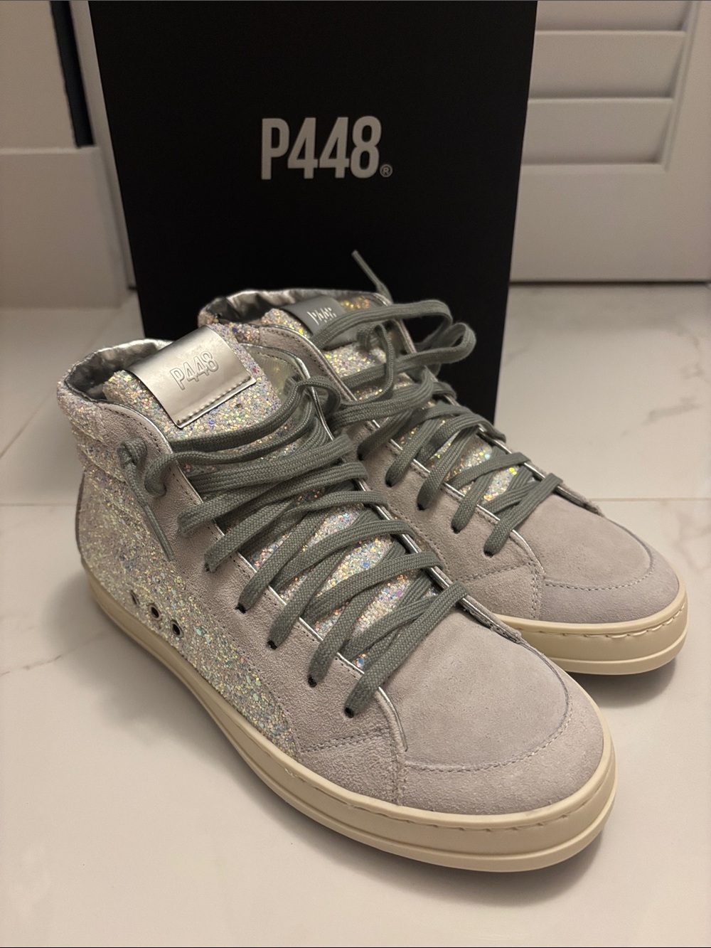 P448 Women’s Gray Glitter Lace-Up High-Top Boots